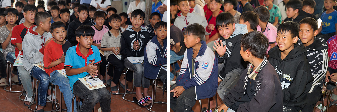 Các em vui mừng, mong chờ khi biết tin đoàn đến, háo hức đón nhận những cuốn sách và phần quà từ Hành trình Từ Trái Tim