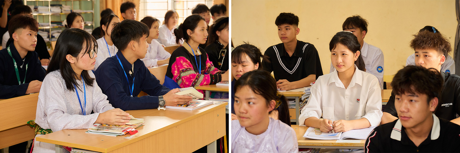 Các em học sinh chăm chú lắng nghe những chia sẻ truyền cảm hứng từ Hành trình Từ Trái Tim