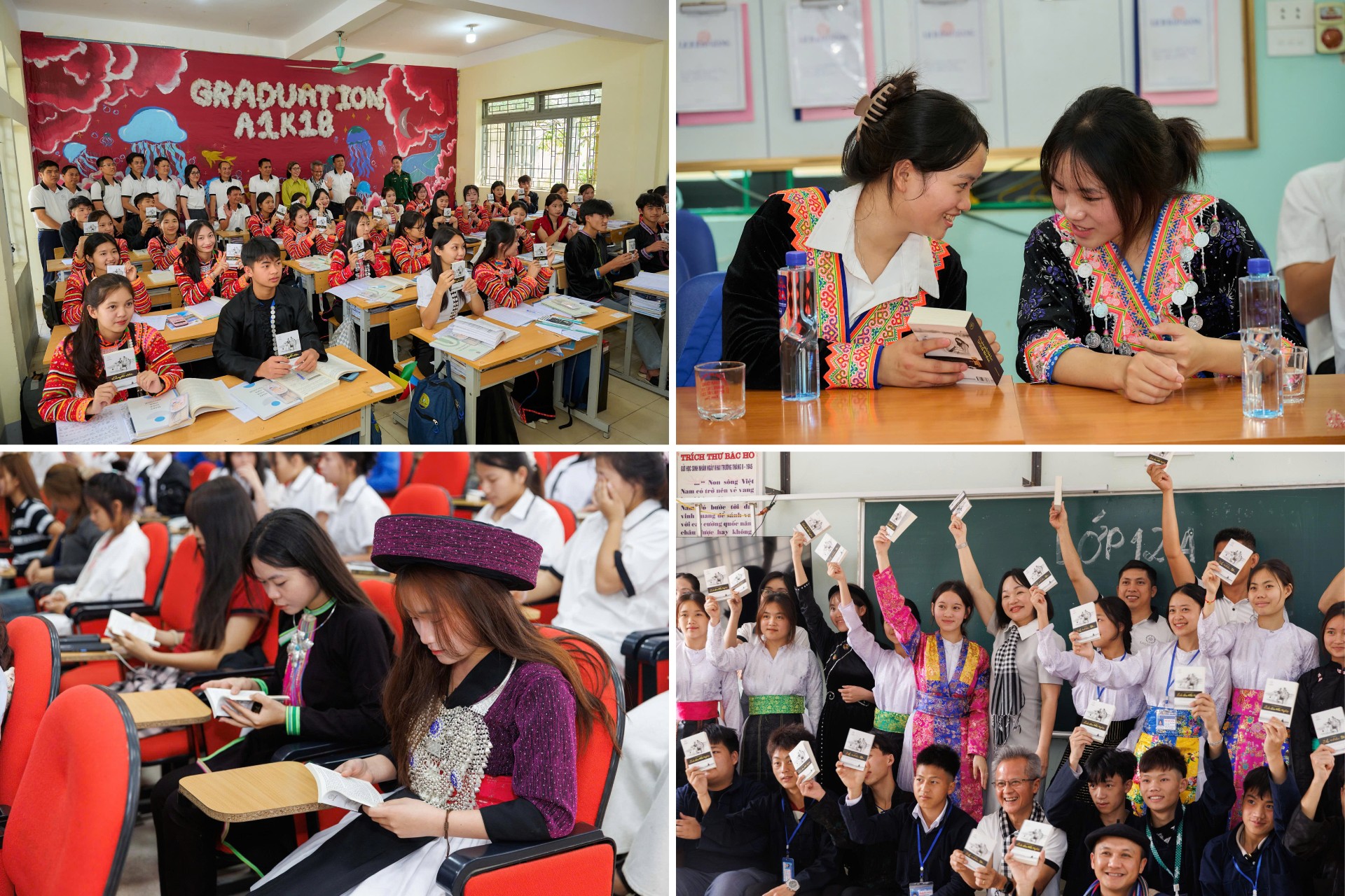 Các bạn trẻ học sinh, sinh viên vùng cao hào hứng đón nhận những cuốn sách quý của Hành trình Từ Trái Tim trao tặng được.